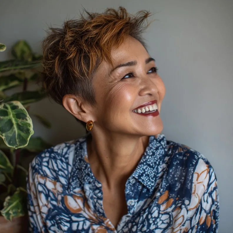 Textured Short Pixie Shag with Warm Highlights