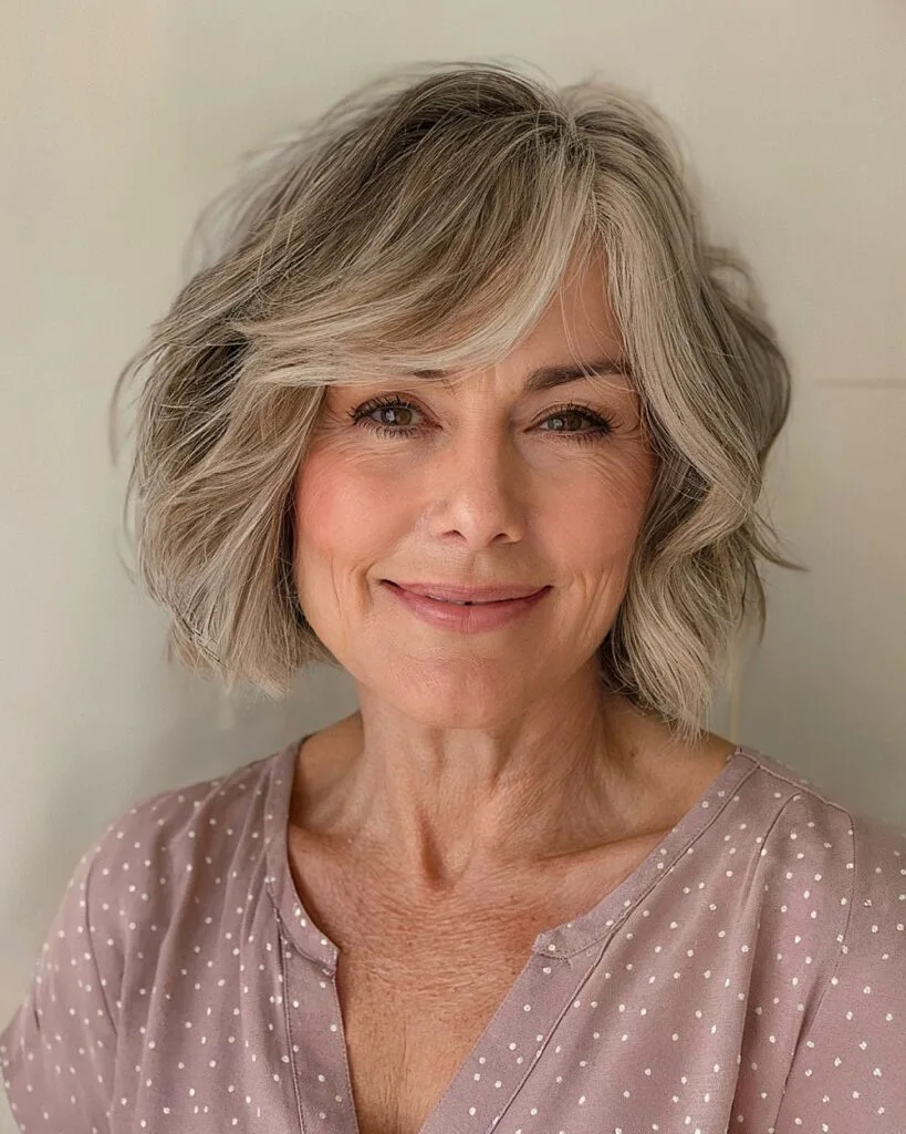 Textured short shaggy bob with side-swept bangs and layered movement for fine hair over 50