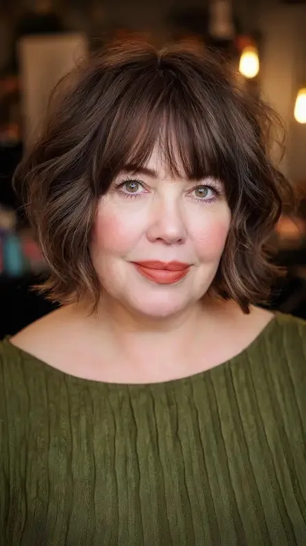 Textured Shoulder-Length Bob with Soft Long Bangs