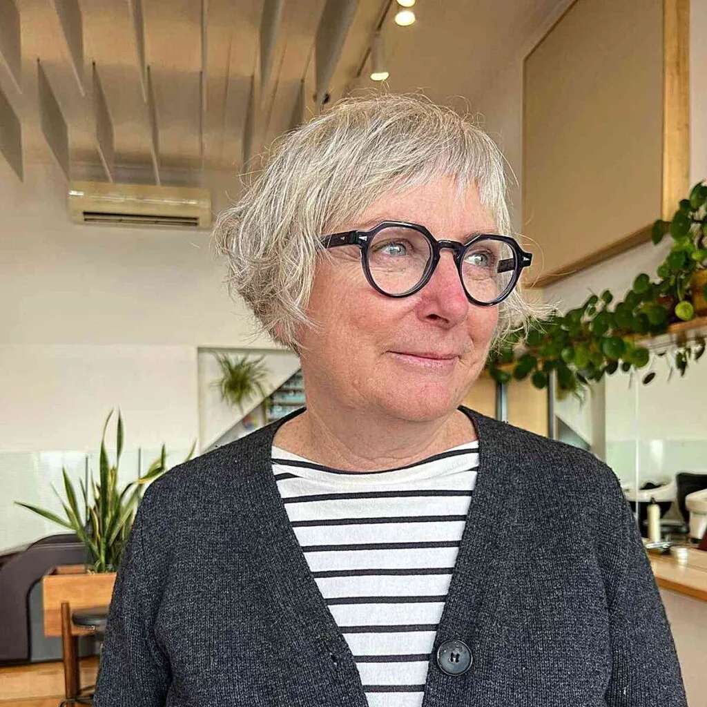 textured silver bob for ladies over 50 with a round face