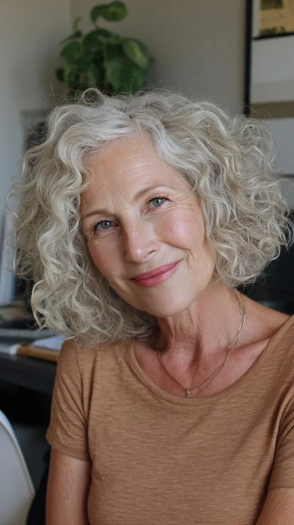 Textured Silver Chin-Length Curly Bob with Subtle Root Shadow