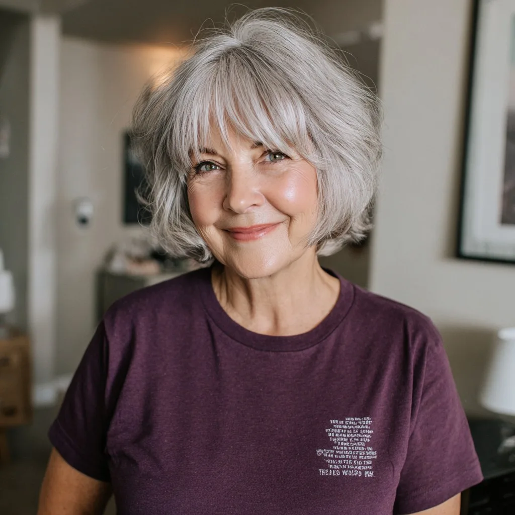 Textured Silver Jaw-Length Bob with Curtain Bangs