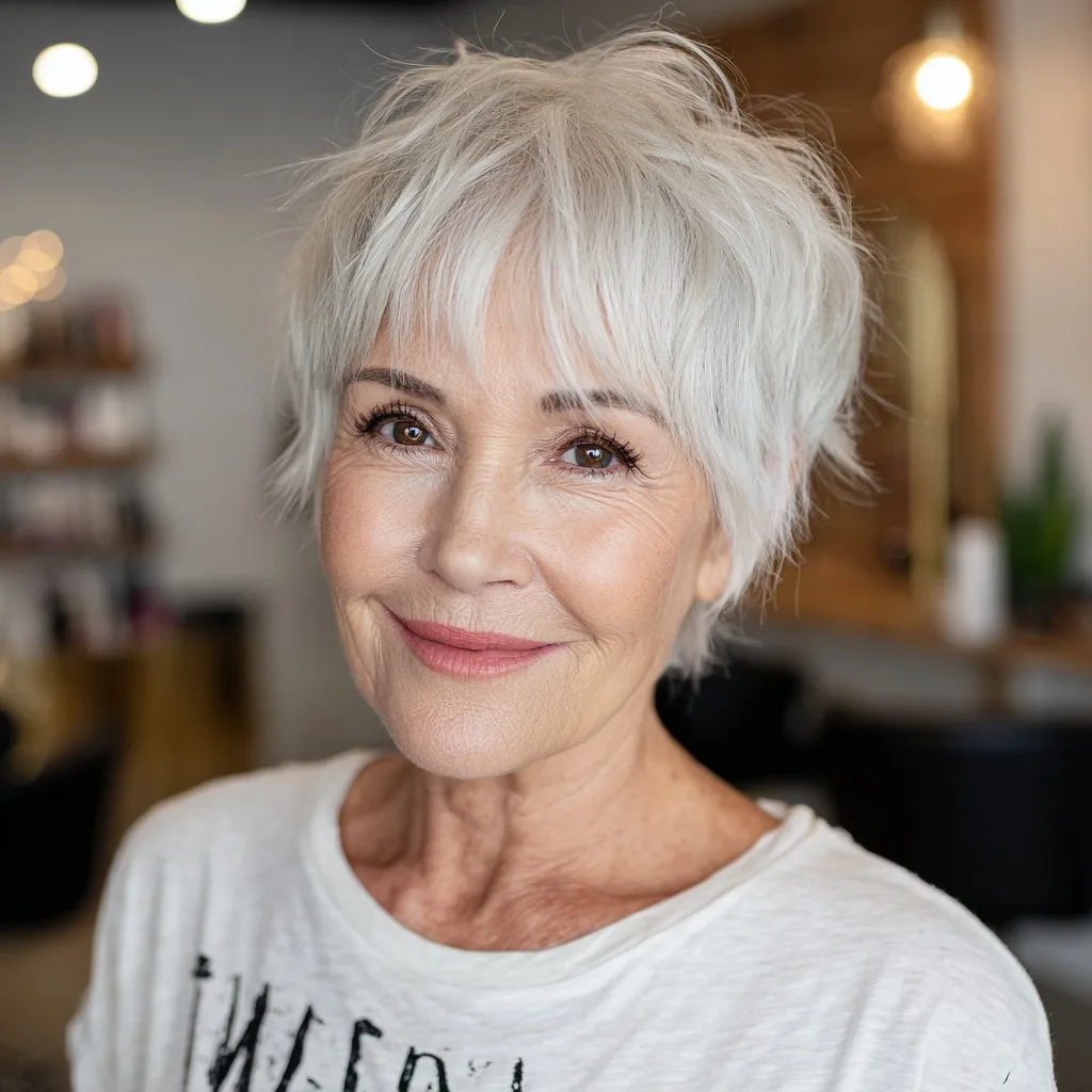 Textured Silver Pixie Cut with Playful Bangs