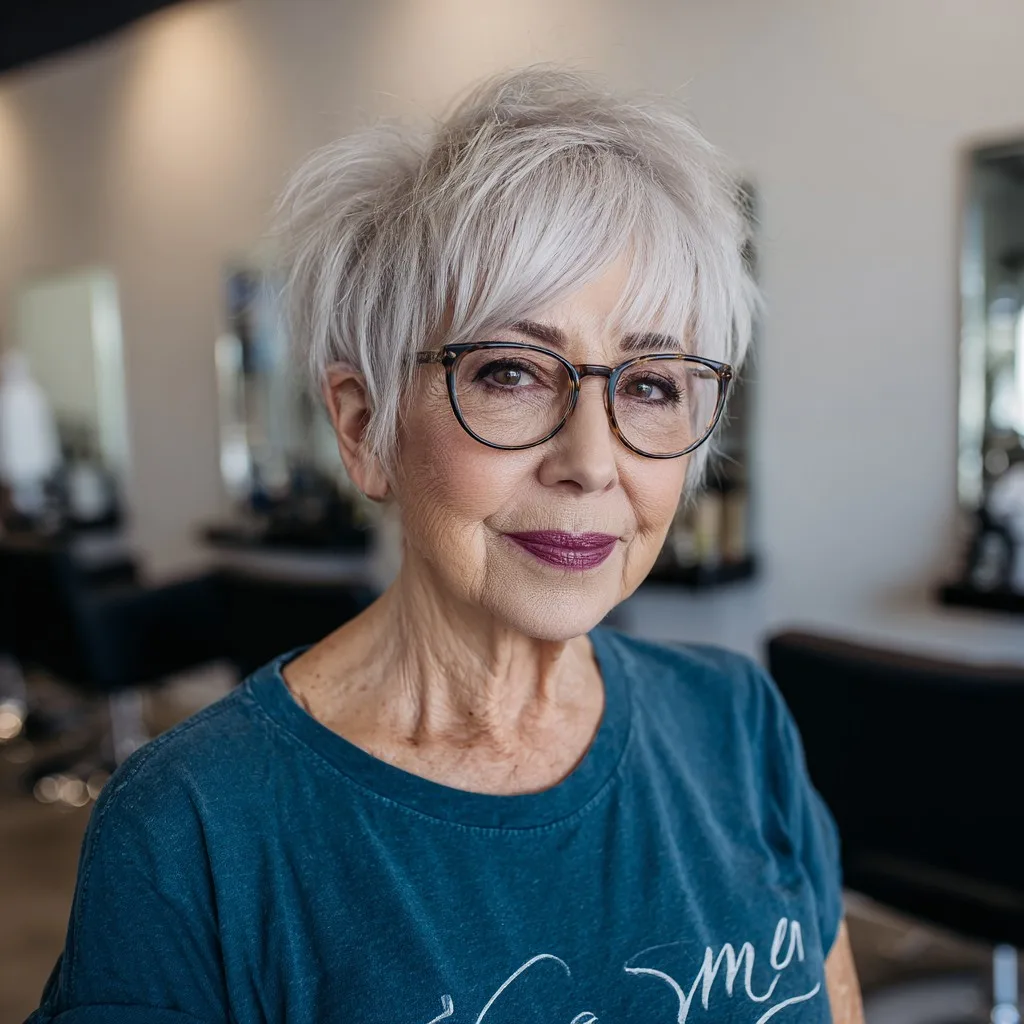 Textured Silver Pixie Cut with Playful Long Bangs