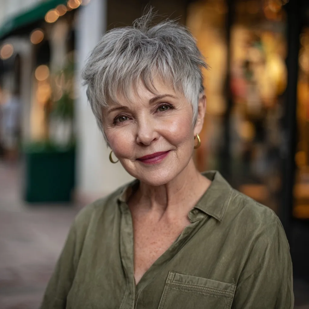 Textured Silver Pixie Cut with Soft Long Bangs