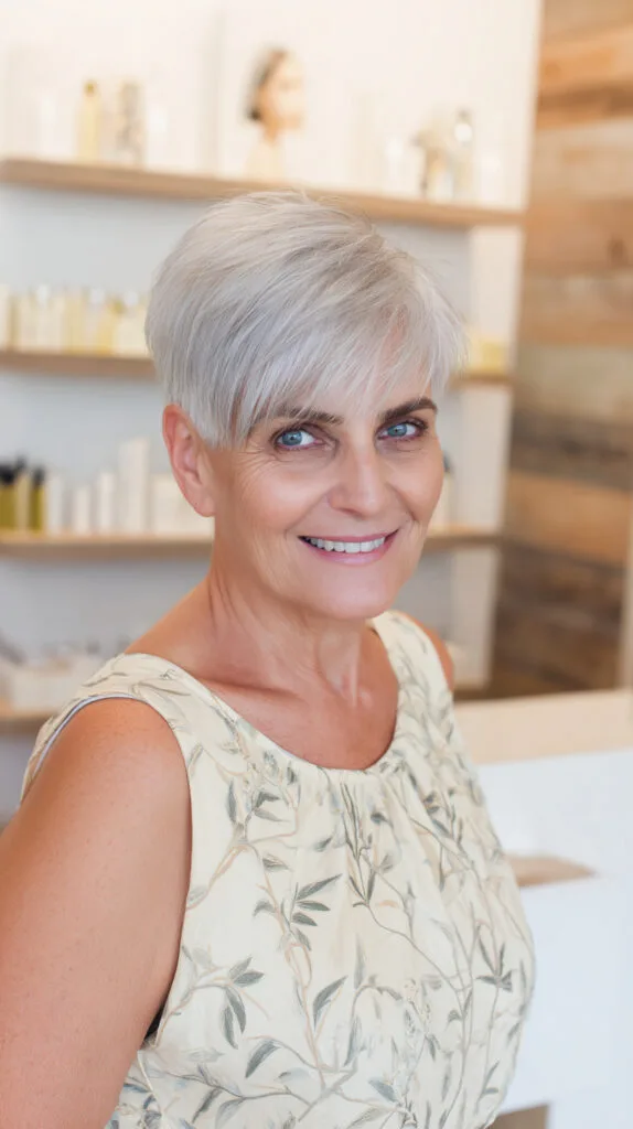Textured Silver Pixie Cut with Wispy Bangs