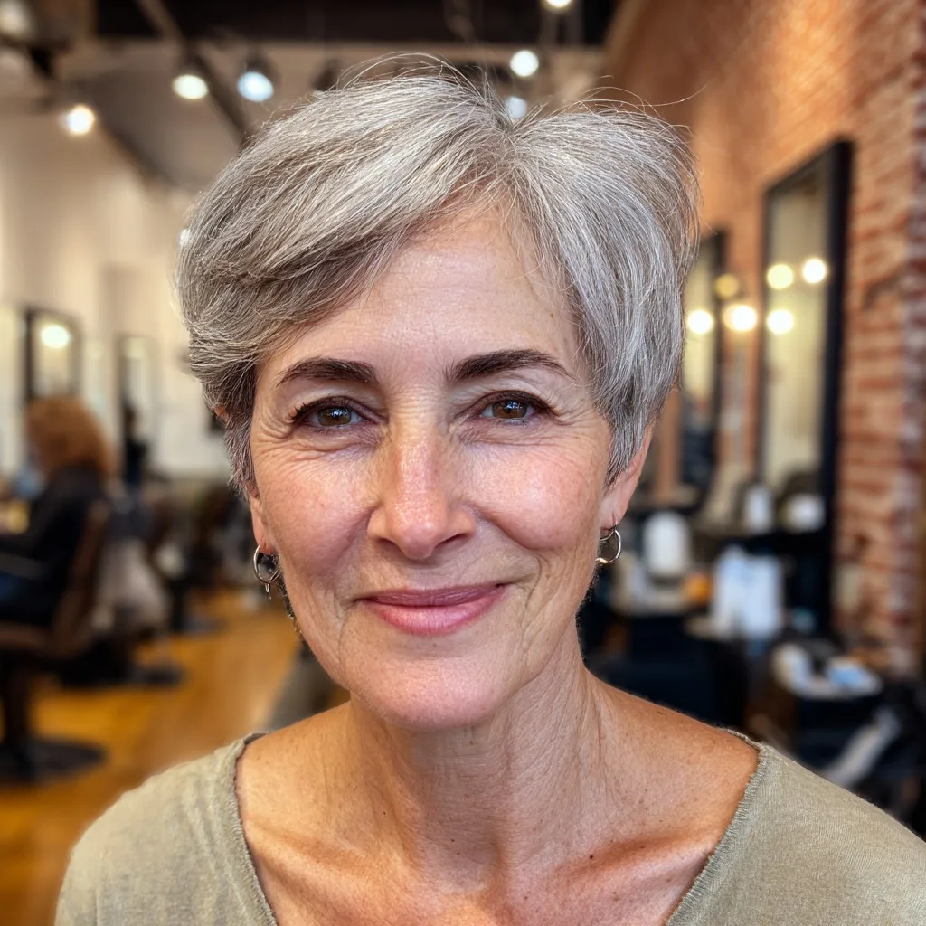 Textured Silver Pixie with Soft Face-Framing Layers