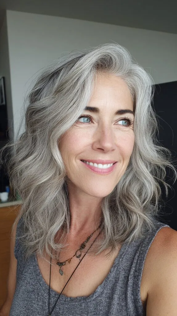 Textured Silver Shoulder-Length Waves with Face-Framing Layers