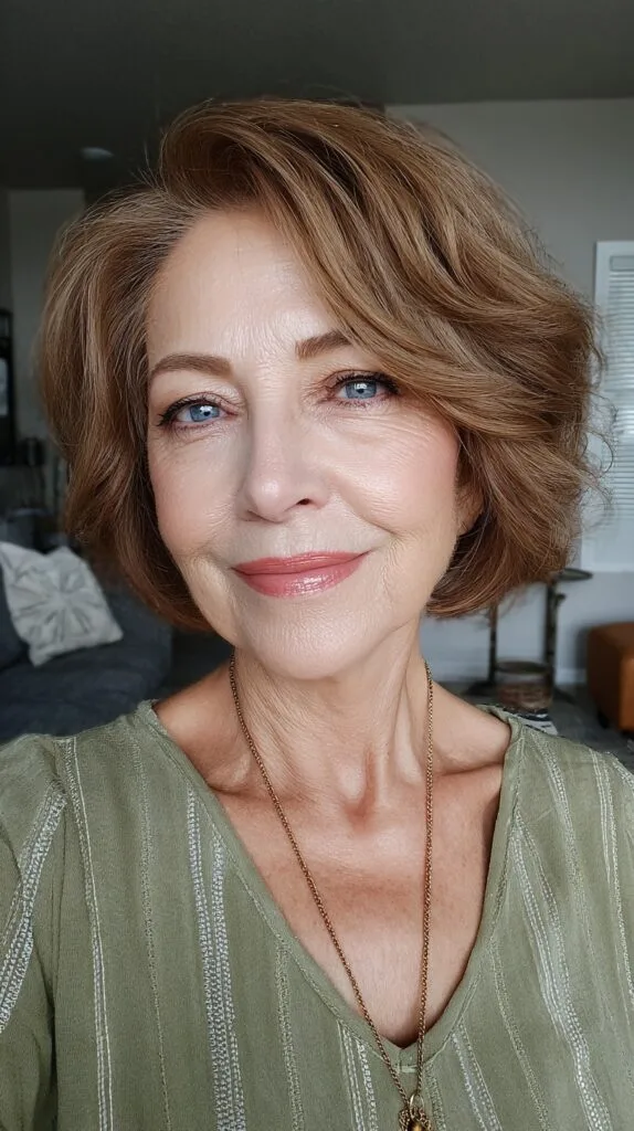 Textured Warm Brown Bob with Soft Waves