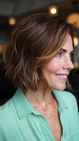 Textured Warm Brown Bob with Subtle Highlights
