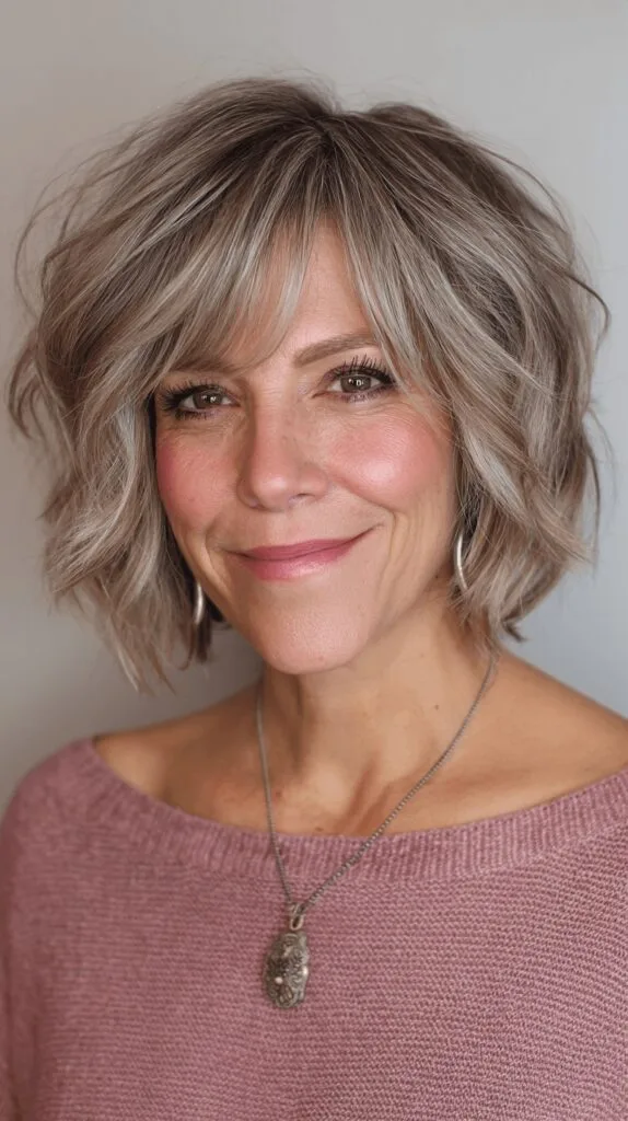 Textured Wavy Bob with Subtle Ashy Highlights