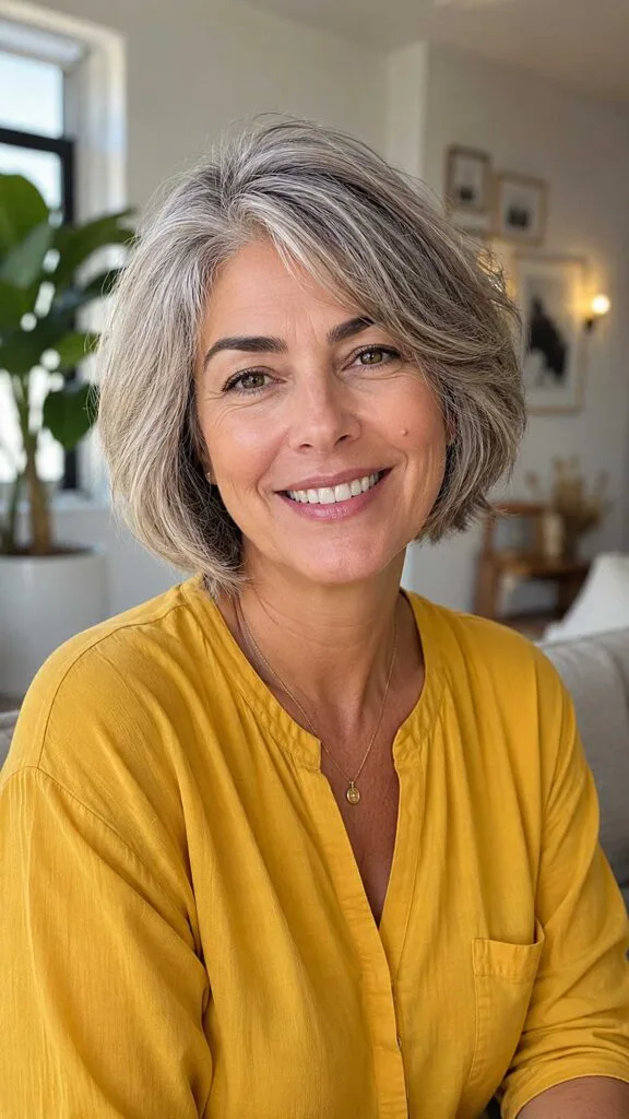 Tousled choppy gray bob with piece-y texture