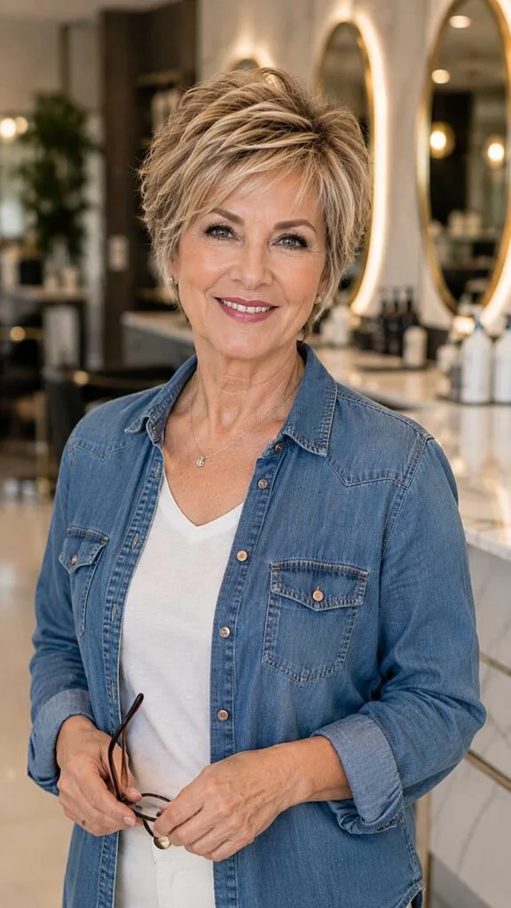 Tousled honey blonde pixie with piecey texture