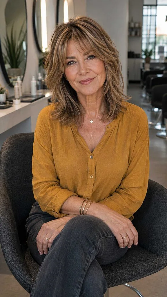 Tousled medium shag with honey balayage on light brown hair