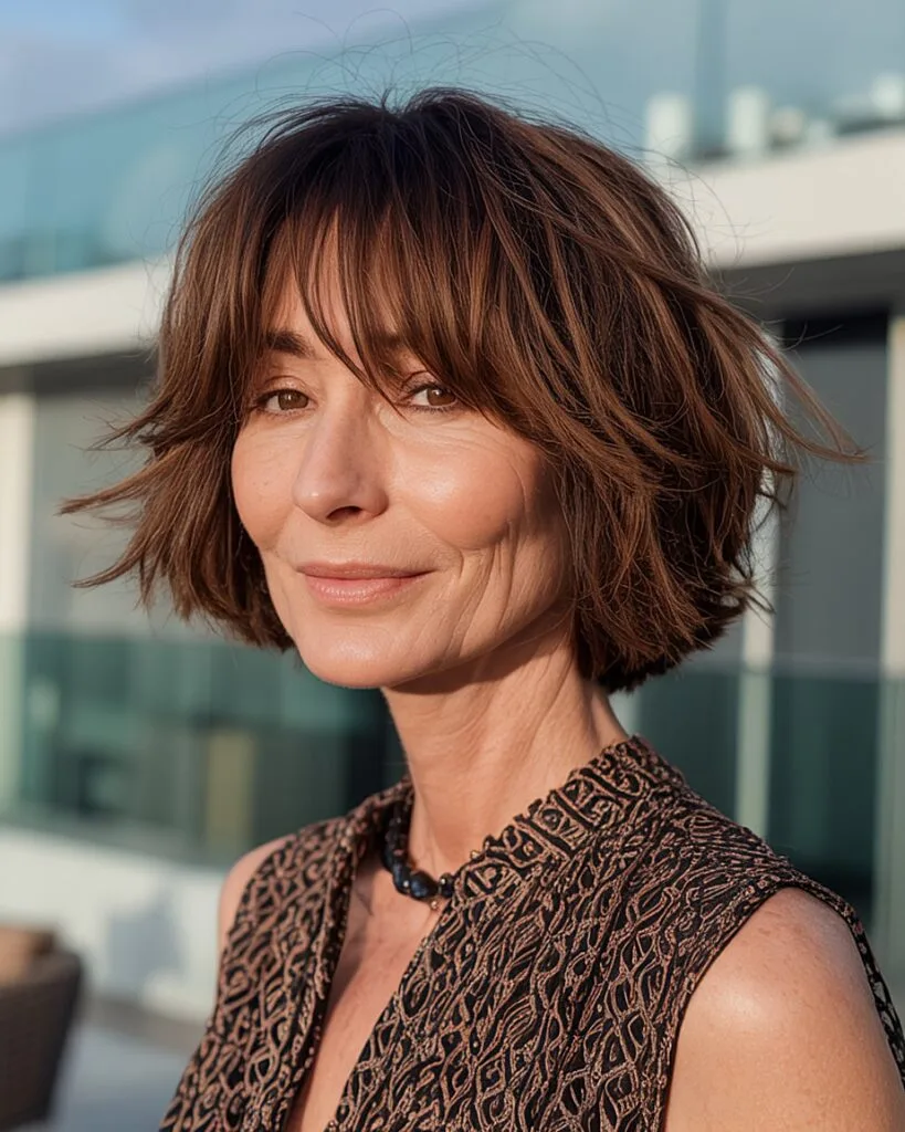 Tousled shaggy bob with soft fringe for fine hair, ideal for women over 50 seeking volume