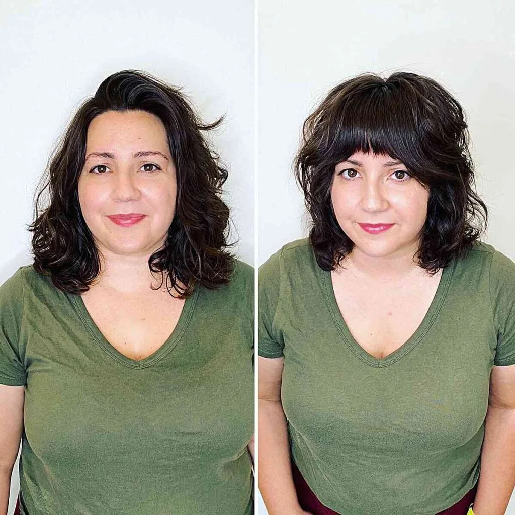 Tousled shaggy long bob with straight bangs for women aged forty with round faces