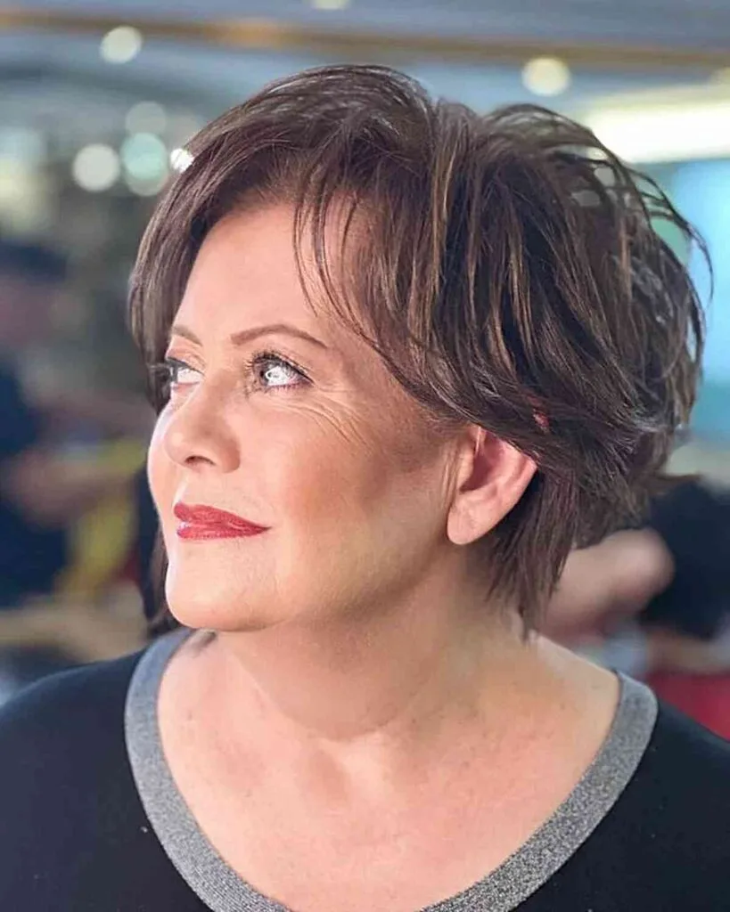 Trendy, Layered Short Hairstyle for 50-year-olds with Round Faces