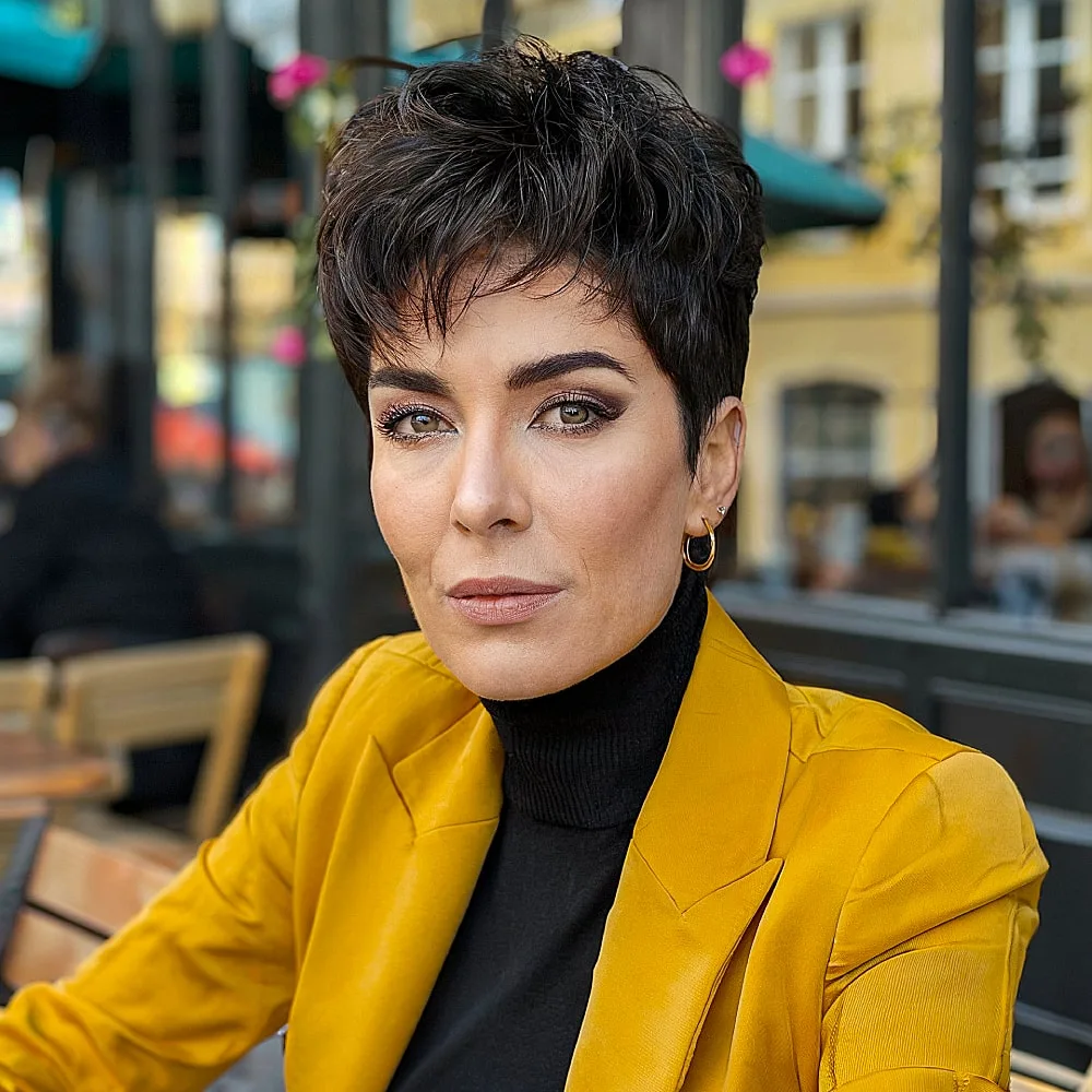 Very short pixie shag with crown lift and tapered sides for mature women seeking volume