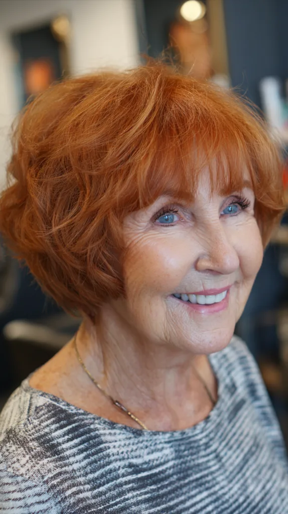Vibrant copper bixie with full bangs and body
