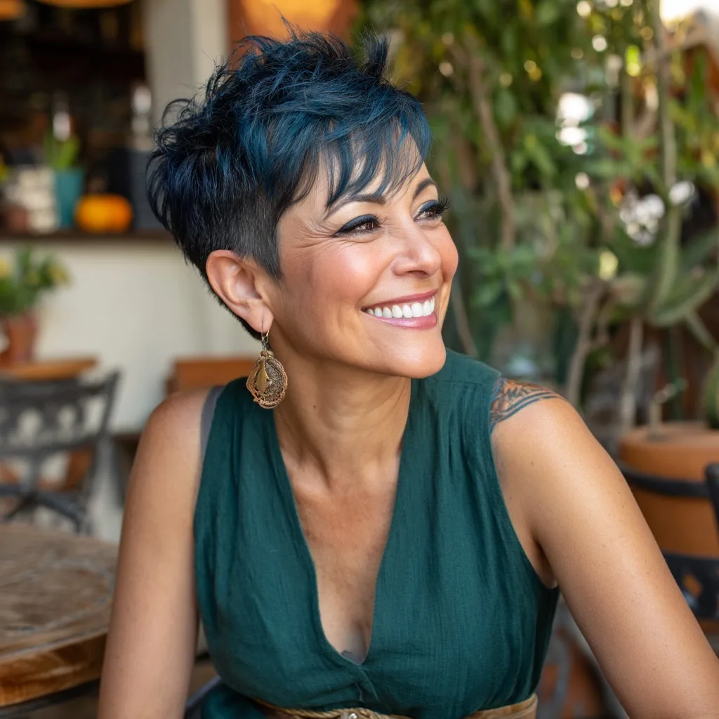 Vibrant Textured Long Pixie Cut with Edgy Highlights