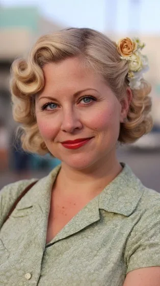 Vintage-Inspired Soft Curly Bob with Floral Accents