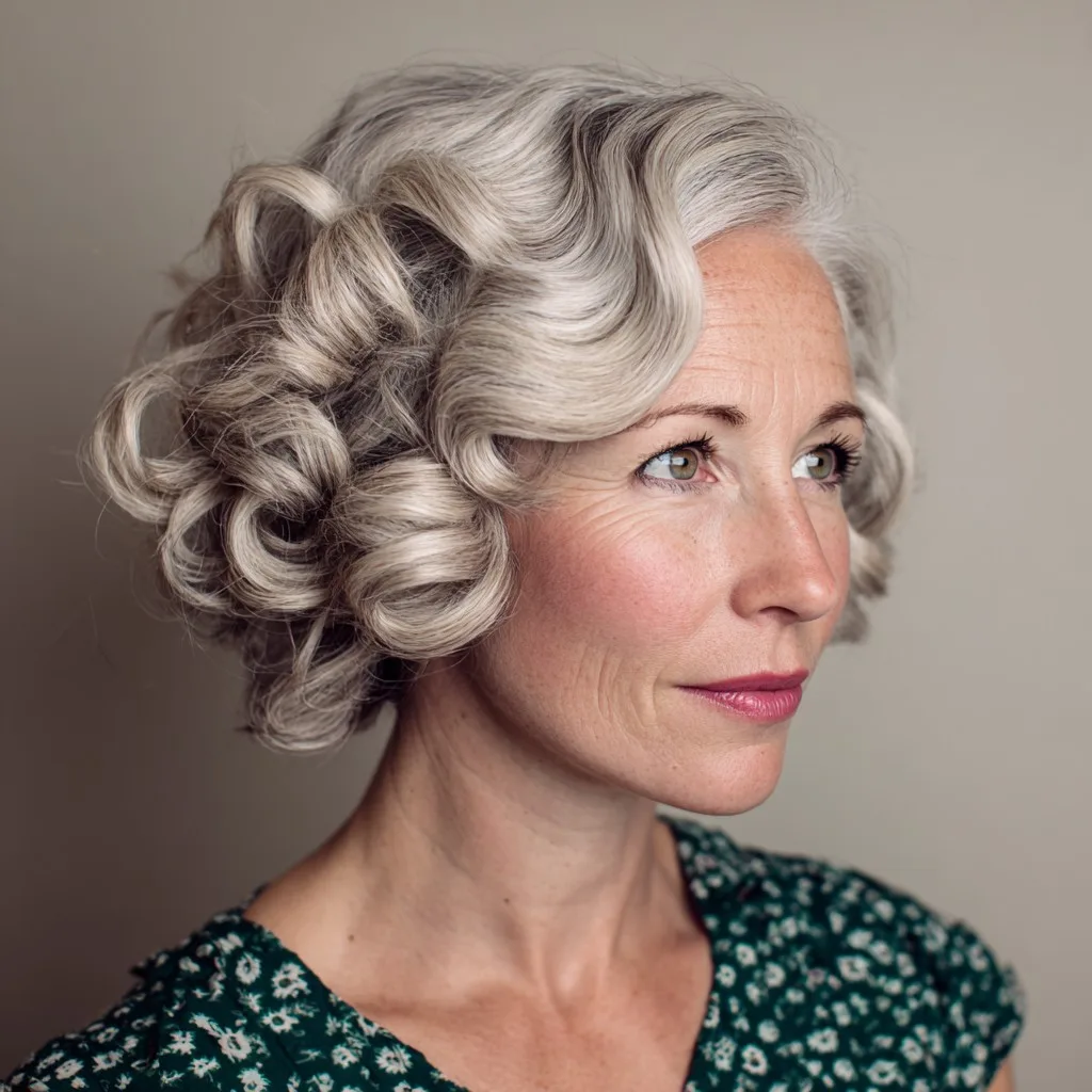 Vintage Silver Curly Bob with Defined Waves