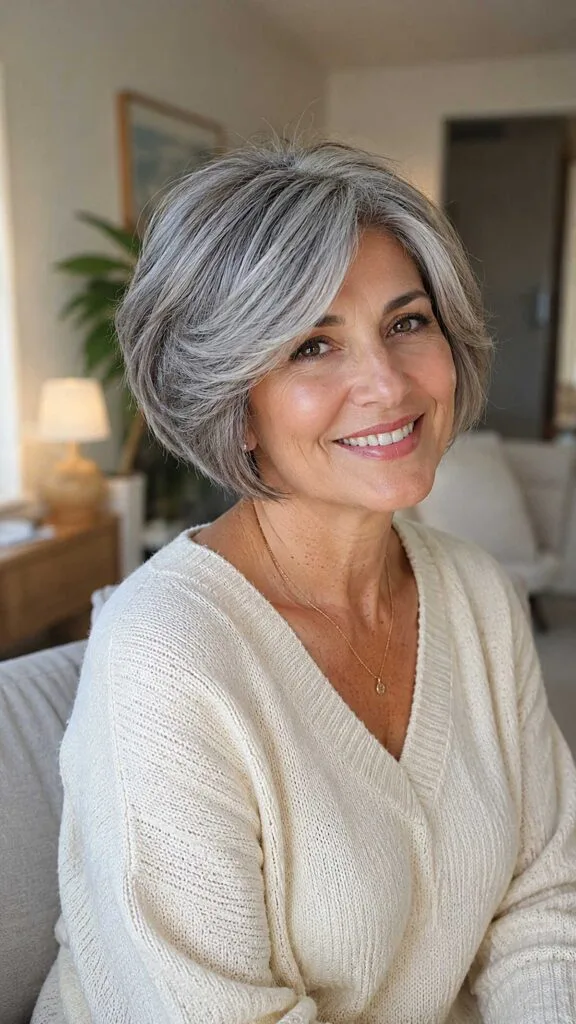 Voluminous pewter gray bob with swept-back layers