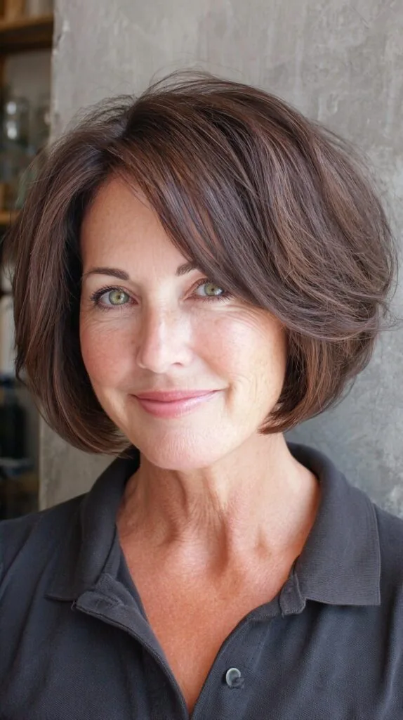 Voluminous Rounded Chin-Length Layered Bob with Feathered Face Frame