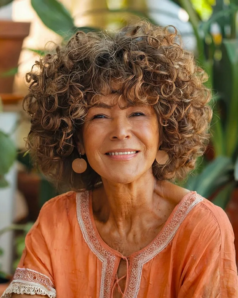 Voluminous shaggy bob with rounded curly layers for fine curly hair over 50