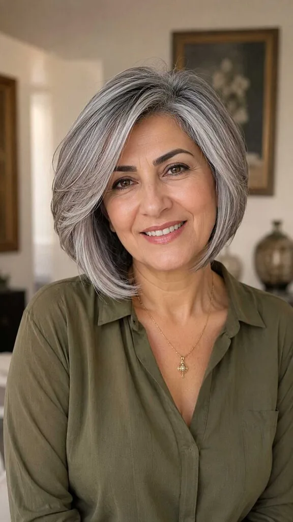 Voluminous silver bob with deep side part