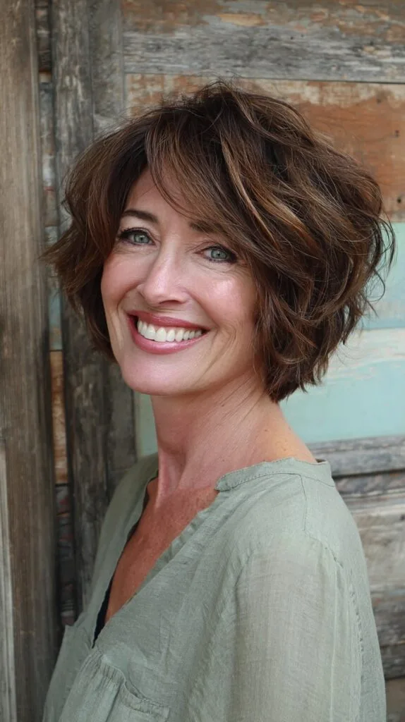 Voluminous Textured Stacked Chin-Length Lob with Wispy Side Fringe