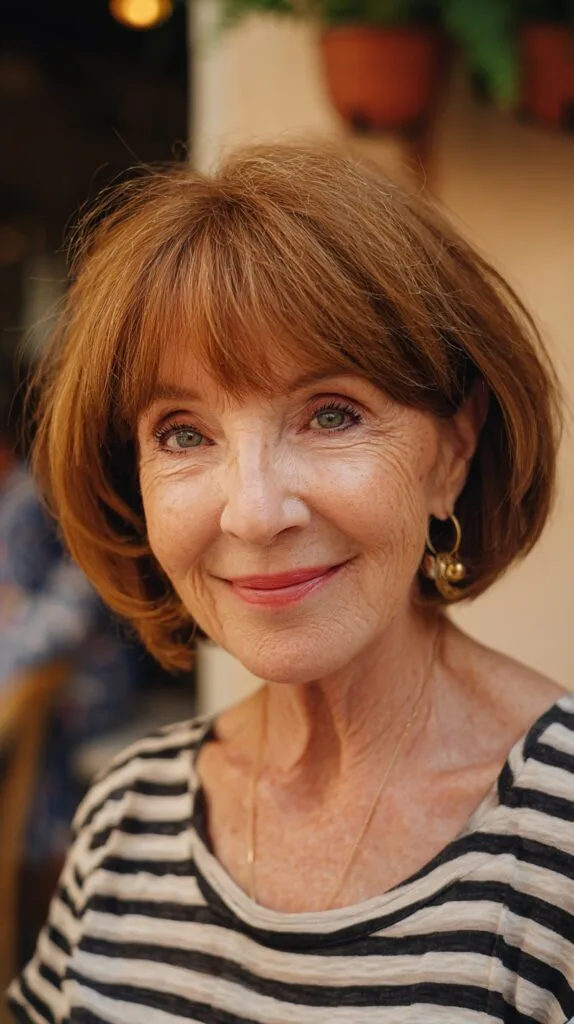 Warm Auburn Jaw-Length Bob with Wispy Curtain Fringe