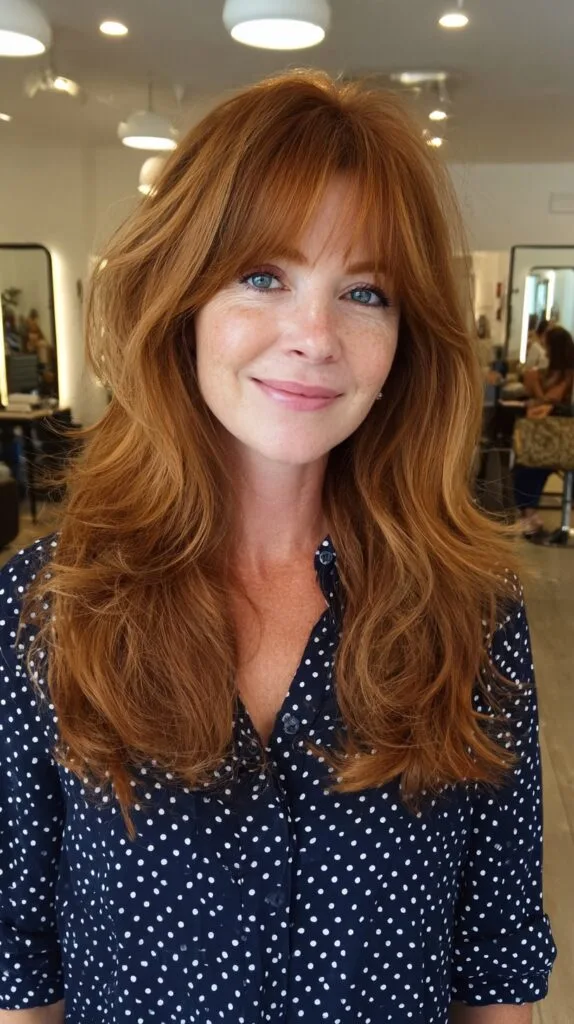 Warm Auburn Long Layers with Blended Fringe and Feathered Ends