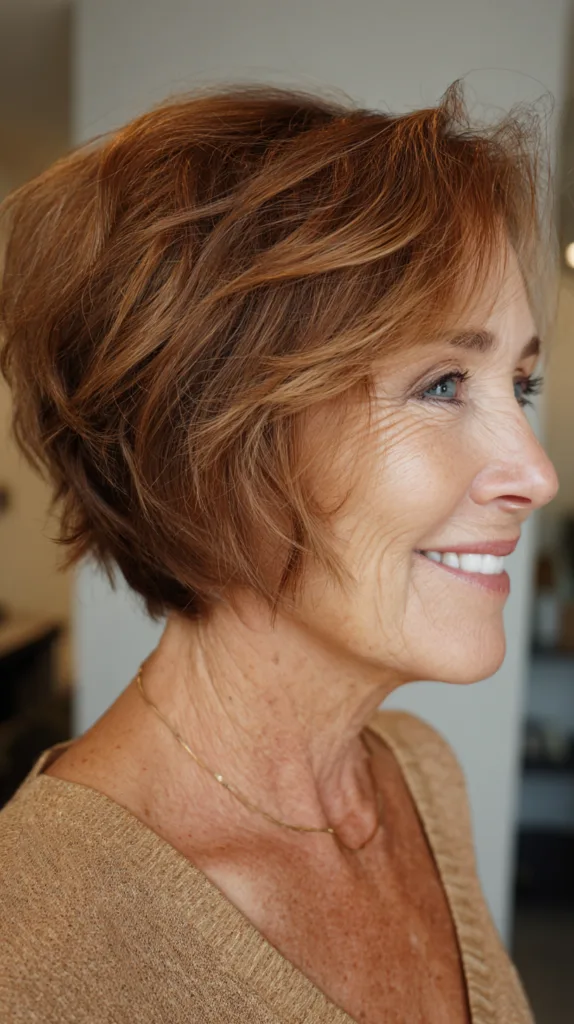 Warm auburn piecey stacked bob with flippy layers