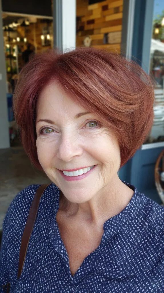 Warm Auburn Stacked Short Bob with Soft Side Sweep