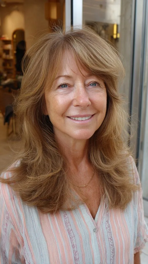 Warm Bronde Long Layers with Soft Side Fringe