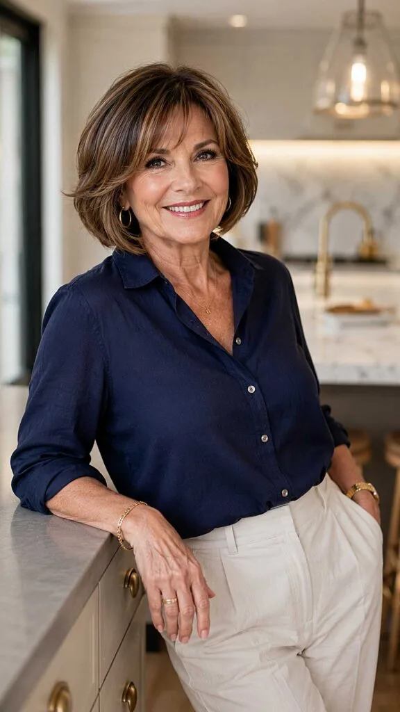 Warm brunette layered bob with swoopy face-framing bangs
