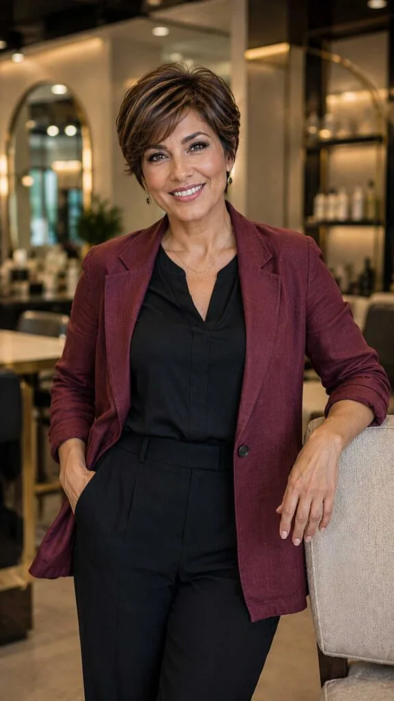Warm brunette pixie cut with layered volume swept back