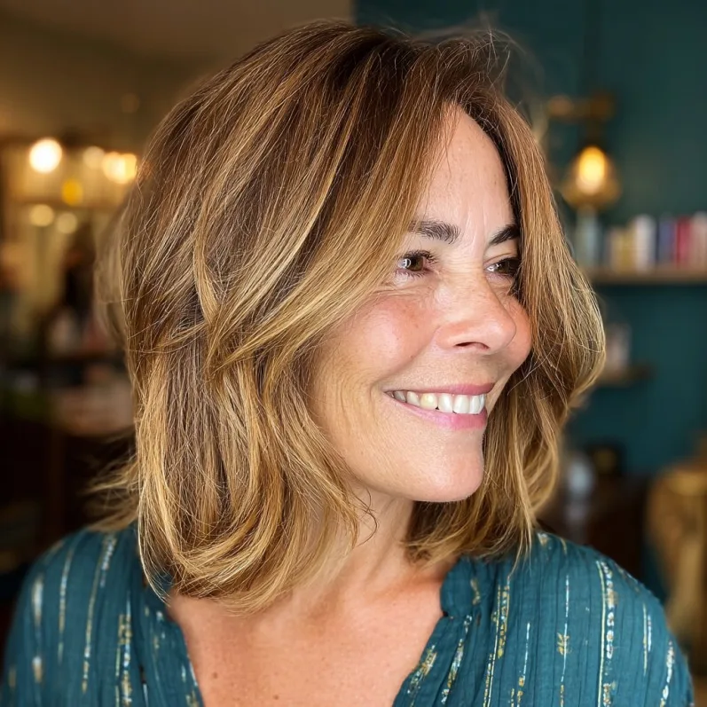 Warm Caramel Layered Lob with Gentle Face-Framing Highlights