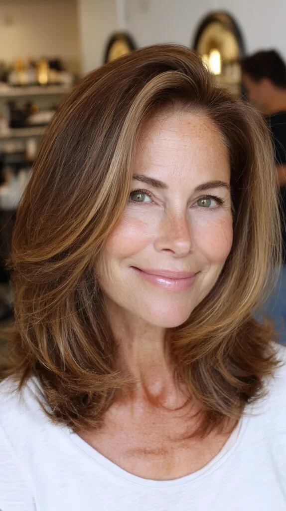 Warm Caramel Shoulder-Grazing Layers with Root Shadow and Side-Swept Lift