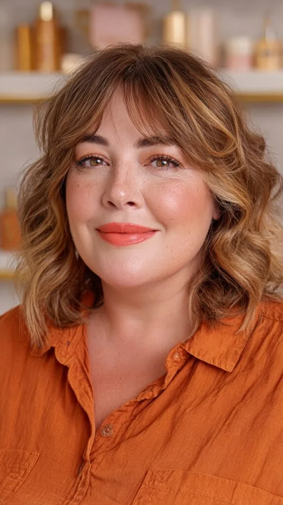 Warm Caramel Waves with Soft Bangs