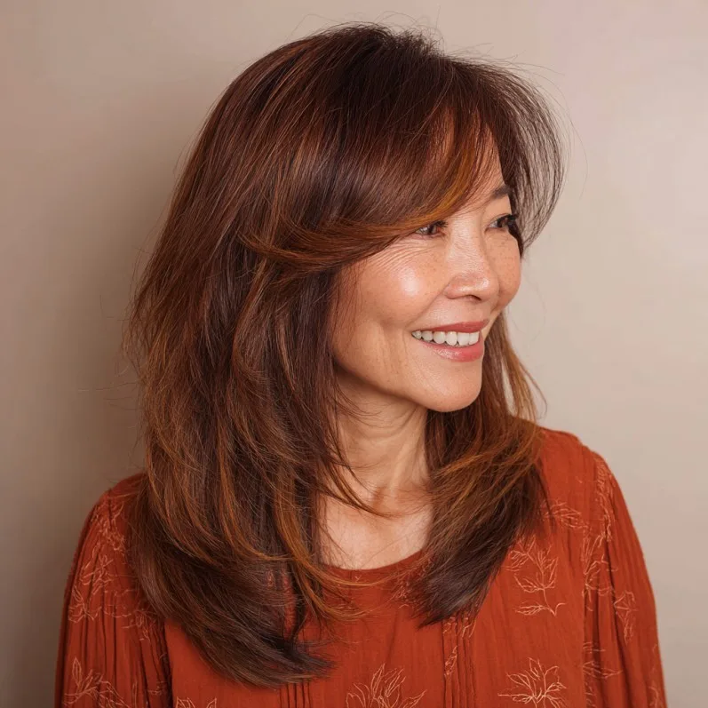 Warm Chestnut Layered Cut with Subtle Balayage