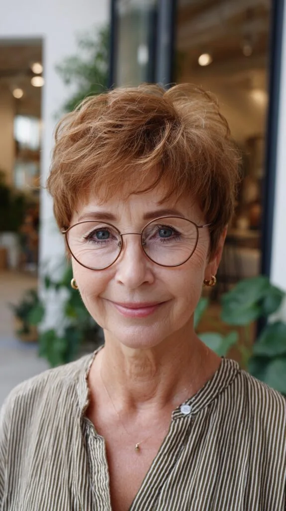 Warm Copper Feathered Pixie with Glasses-Aligned Temple Taper