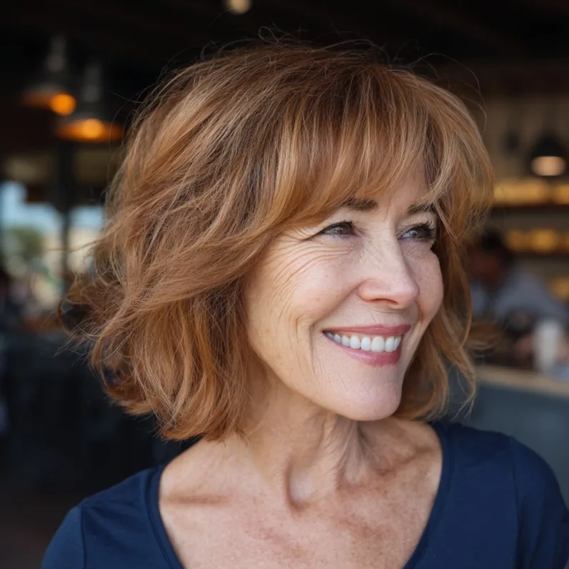 Warm Copper Layered Bob with Soft Bangs