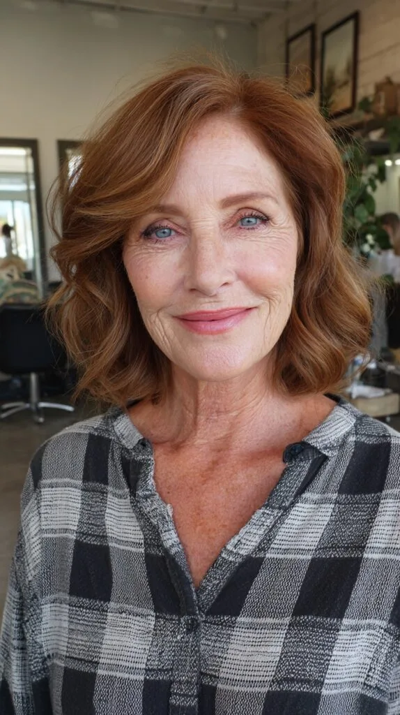 Warm Copper Mid-Length Textured Bob with Side-Swept Lift