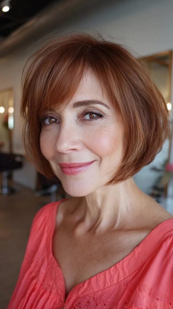 Warm Copper Rounded Bob with Fringe