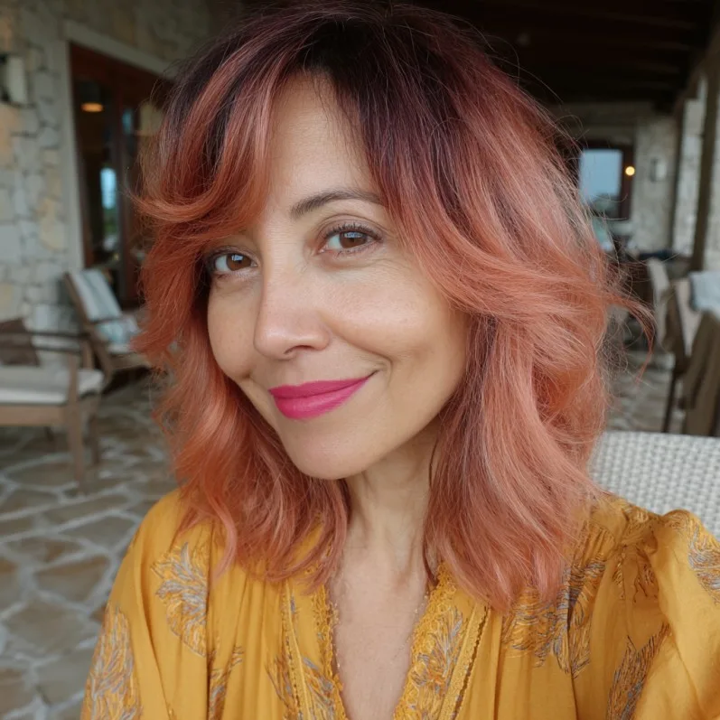 Warm Coral Balayage with Soft Waves