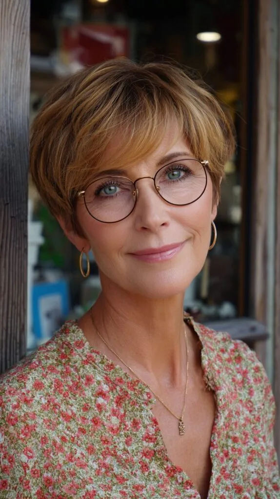 Warm Golden Root-Melt Pixie with Glasses-Grazing Fringe