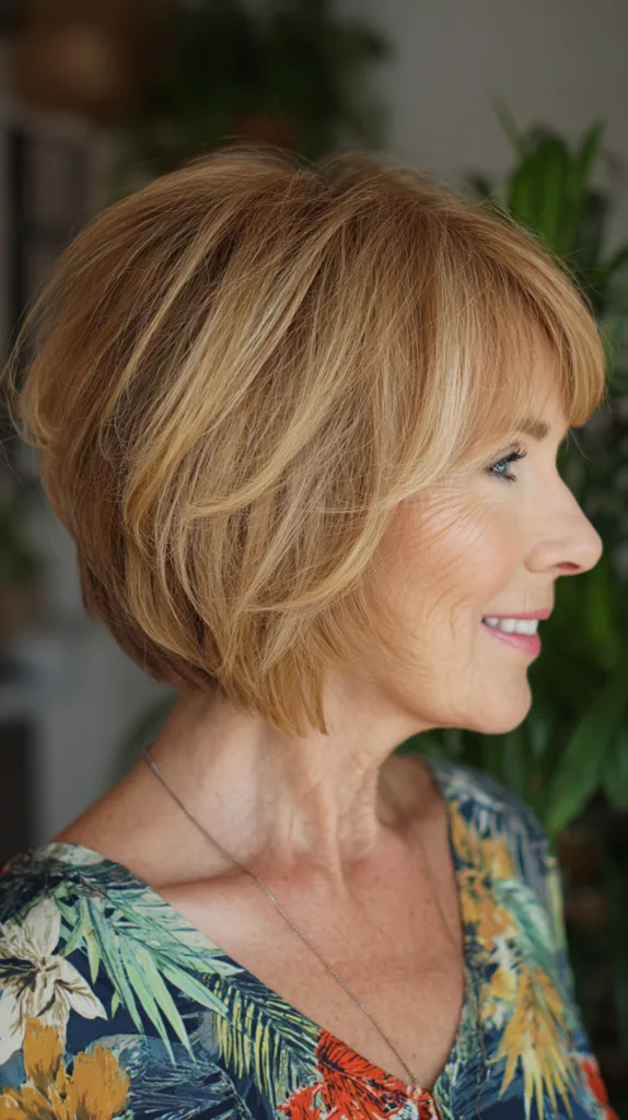 Warm honey stacked bob with wispy bangs and layers
