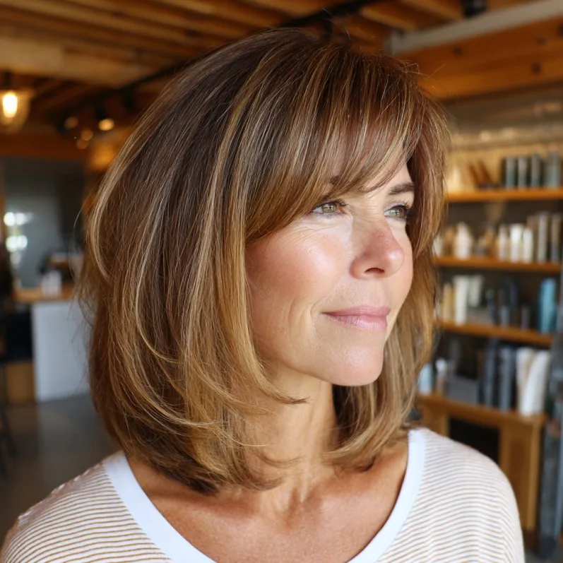 Warm Toned Layered Bob with Face-Framing Bangs